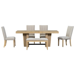 English Elm Topmax Farmhouse Extendable Rubberwood Dining Set Seats Six with Bench and Linen Chairs Natural+Beige N717S000089A