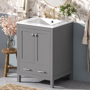 English Elm 24-inch Modern Bathroom Vanity with Ceramic Sink, Soft-Close Doors, Drawer Divider & Ample Storage Gray N729P299440E