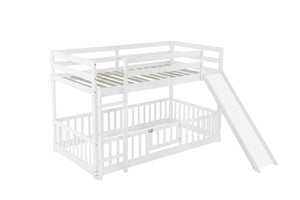 English Elm Twin Over Twin Floor Bunk Bed With Slide & Ladder - Solid Pine Wood, White Finish, Safe & Fun Design! W504S00190-GIGA