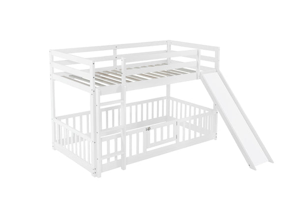 English Elm Twin Over Twin Floor Bunk Bed With Slide & Ladder - Solid Pine Wood, White Finish, Safe & Fun Design! W504S00190-GIGA