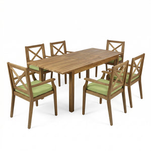 English Elm 7 Piece Acacia Hardwood Outdoor Dining Set Teak Finish Six Armchairs Extendable Table N762S000042AAF