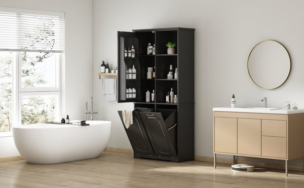 English Elm [video] Freestanding 68 Inch Tall Storage Cabinet with Tilt Out Hampers and Soft Close Door Black N759S427900B