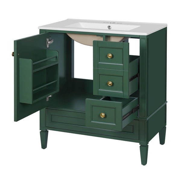 English Elm 30 30 Inch Bathroom Vanity with Ceramic Sink, Modern Compact 3-Drawer Storage Cabinet for Small Baths Green N710P247499F