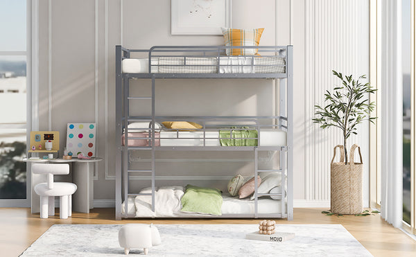 English Elm Metal Triple Bunk Bed Steel Frame Twin Three Tier Guardrails for Shared Rooms Silver GX000230AAN