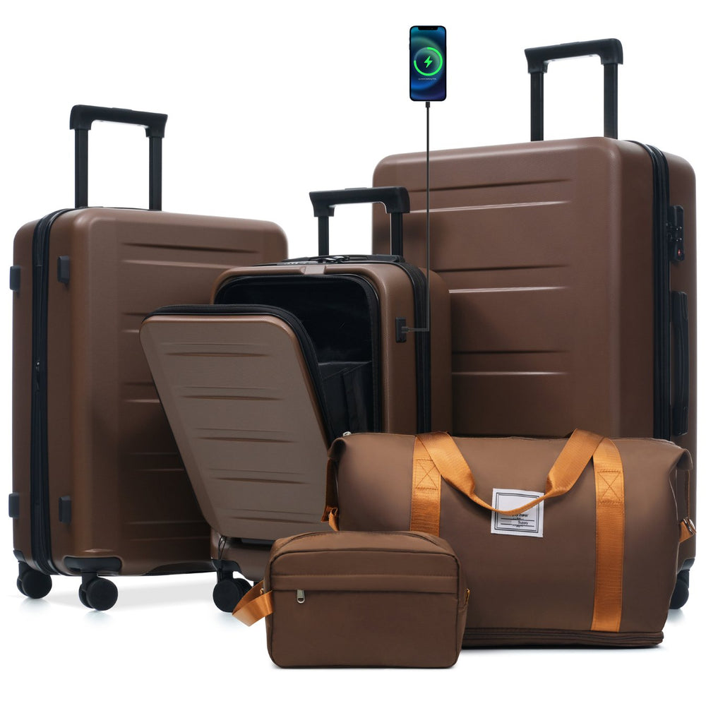 English Elm Luggage 5 Piece Hardside Abs Set with Front Access Carry on and Tsa Spinner Wheels Brown N732P391544O