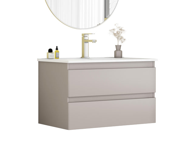 English Elm 32-Inch Wall-Mounted Bathroom Vanity With Soft-Close Drawers, Ceramic Sink & Modern Mocha Gray Finish W3151S00048