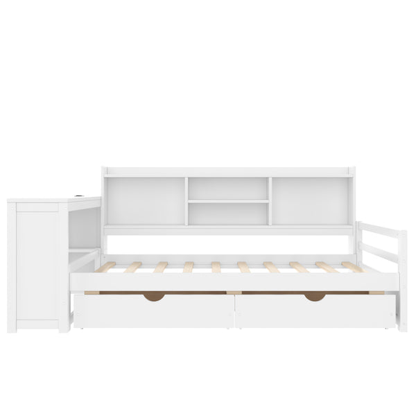 English Elm Twin Corner Daybed Pine Frame Built in Desk Bookcase Drawers Charging Kids Room White W697S00041