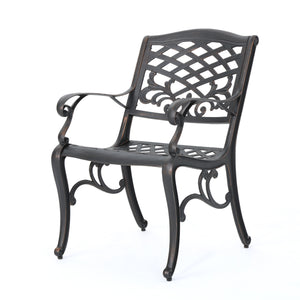 English Elm Phoenix Cast Aluminum Outdoor Dining Arm Chairs Ornate Lattice Scroll Garden Set Copper 54589.00SHNCOP