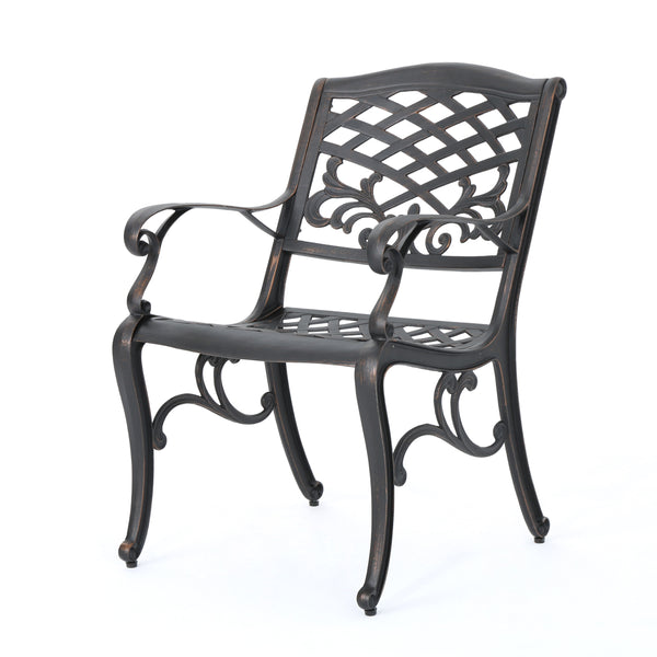 English Elm Phoenix Cast Aluminum Outdoor Dining Arm Chairs Ornate Lattice Scroll Garden Set Copper 54589.00SHNCOP