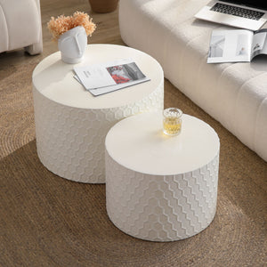 English Elm Stylish Honeycomb Nesting Coffee Tables Set — Modern Round Drum Design, Durable MDF, Space-Saving Pair Beige W757P206008