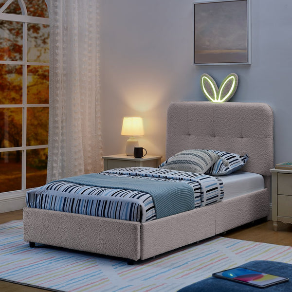 English Elm Twin Kids Boucle Upholstered Bed Rabbit Ear Headboard Led Lighting Four Storage Drawers Pink W1413P384920