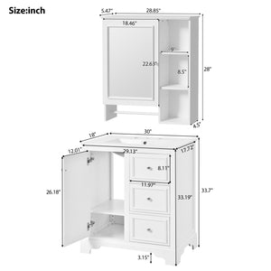English Elm 30-inch bathroom vanity mirror cabinet set with ceramic sink, solid wood build, 3 drawers & shelves White SV000028AAK