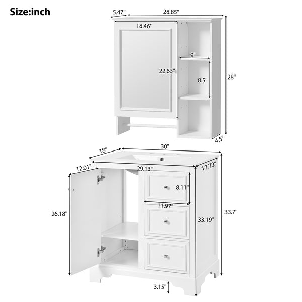 English Elm 30-inch bathroom vanity mirror cabinet set with ceramic sink, solid wood build, 3 drawers & shelves White SV000028AAK