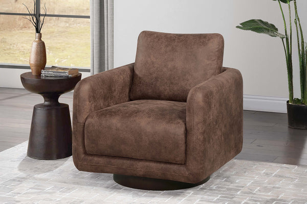 English Elm Gorgeous swivel accent chair in leather-like fabric with 360° movement, plush pillow and sleek base Walnut 33 L x 32 W x 22 H B011P369863