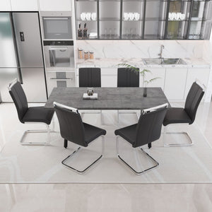 English Elm 55.12-70.87" Expandable Square Dining Set Seats Six with Cushioned Faux Leather Chairs Grey W2189S00905