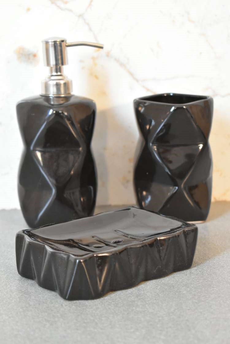 English Elm Sindri Porcelain 3-Piece Bathroom Set in Glossy Brown – Soap Dispenser, Dish & Toothbrush Holder Craftsmanship B182P336637