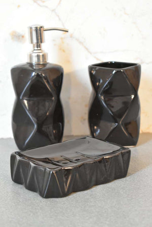 English Elm Sindri Porcelain 3-Piece Bathroom Set in Glossy Brown – Soap Dispenser, Dish & Toothbrush Holder Craftsmanship B182P336637