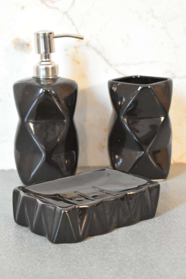 English Elm Sindri Porcelain 3-Piece Bathroom Set in Glossy Brown – Soap Dispenser, Dish & Toothbrush Holder Craftsmanship B182P336637