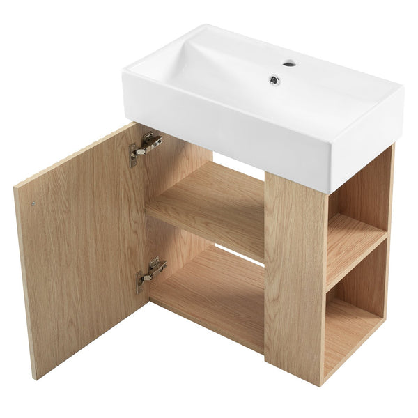 English Elm 21.6 inch Modern Floating Bathroom Vanity with Ceramic Basin, Wave Door, Rose Gold Handle Wood N729P170388D