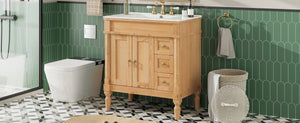 English Elm 30-inch Freestanding Bathroom Vanity Solid Wood Base Ceramic Sink Gold Hardware N729P299368N