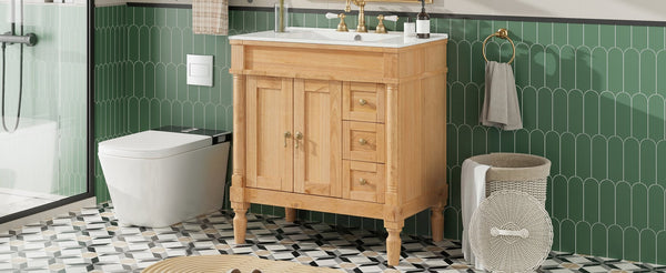 English Elm 30-inch Freestanding Bathroom Vanity Solid Wood Base Ceramic Sink Gold Hardware N729P299368N