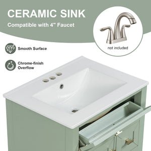 English Elm "24'' 24 Inch Glossy Freestanding Bathroom Vanity with Gold Hardware and Soft Close Storage Green Rubberwood N725P448529F