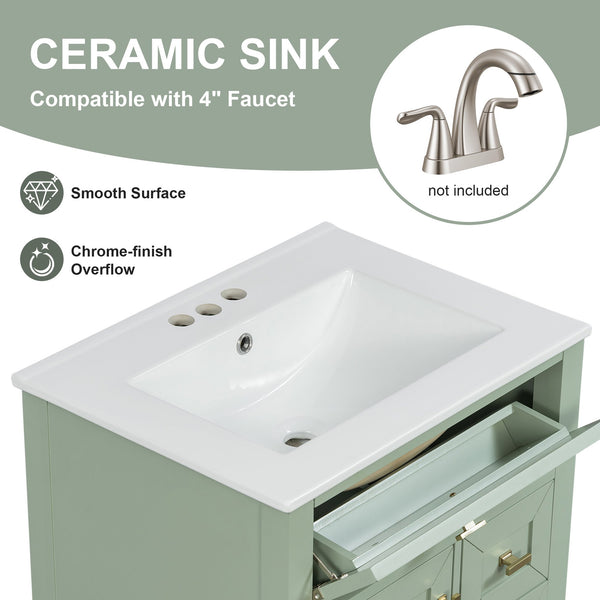 English Elm "24'' 24 Inch Glossy Freestanding Bathroom Vanity with Gold Hardware and Soft Close Storage Green Rubberwood N725P448529F