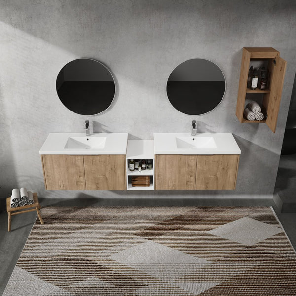 English Elm 84" Wall-Mounted Bathroom Vanity With Soft-Close Doors & Resin Sinks - Modern Storage Solution! W999S00230