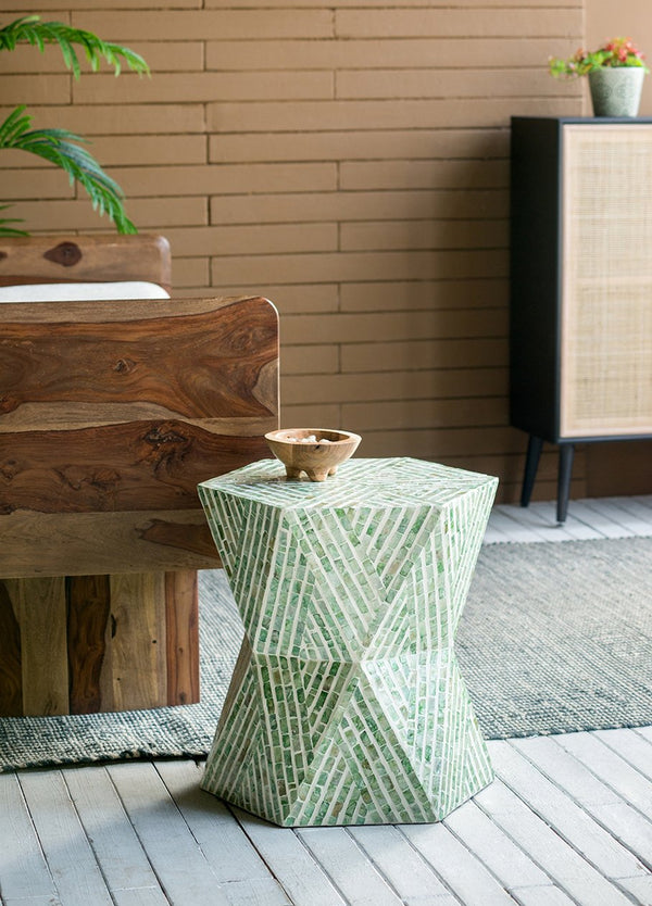 English Elm 19x19x20" Iridescent Capiz Shell Pedestal Stool Sculptural Bohemian Accent Table W2078P487549