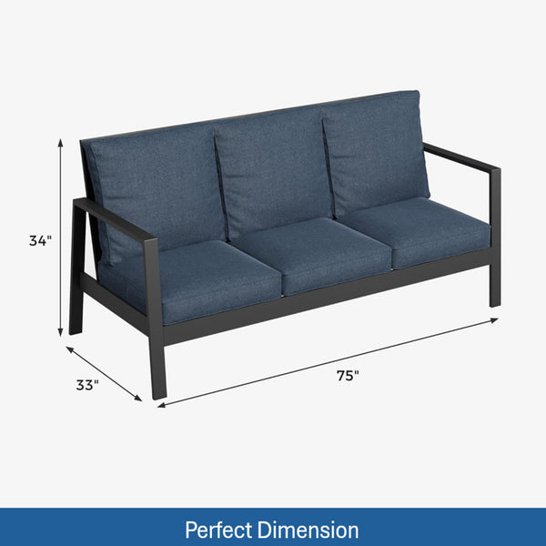 English Elm 75" Rust-proof Aluminum Outdoor Sofa with High-density Foam Cushions for Patio Lounging Black+Blue B082P454984