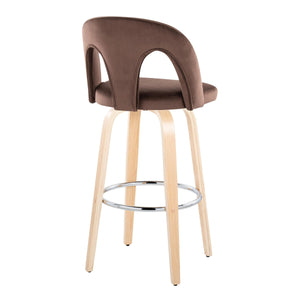English Elm Fixed-height Swivel Barstools Velvet Seat Bentwood Legs Chrome Footrest Set of 2 B202S02154