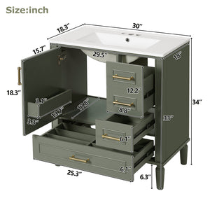 English Elm 30" Elegant Bathroom Vanity with Ceramic Sink, Soft-Close Door & 3 Drawers, Gold Handles, Durable Finish Olive Green N729P184479O
