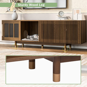 English Elm Mid-Century 74" Walnut TV Stand with Cat Litter House, Sliding Glass Doors, Sisal Scratcher, Sturdy Legs N843P251412W