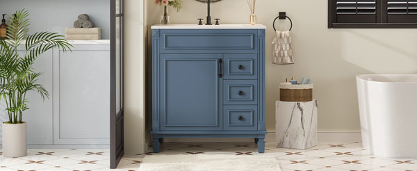 English Elm 30" French-Inspired Bathroom Vanity With Ceramic Sink, Soft-Close Drawers & Elegant Storage Solutions N710P323323C