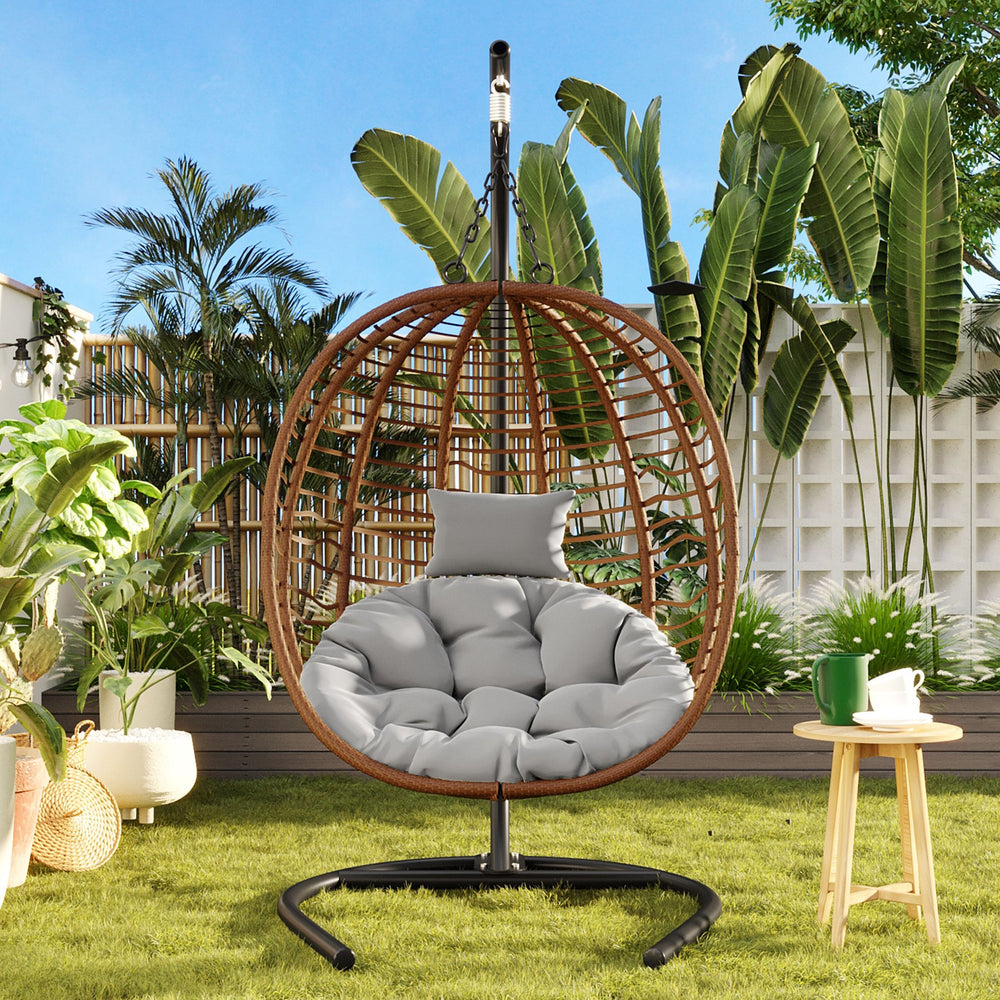 English Elm U_style Wicker Hanging Egg Chair with Stand Foldable Indoor Outdoor Swing Seat Brown+Gray N711P389503G