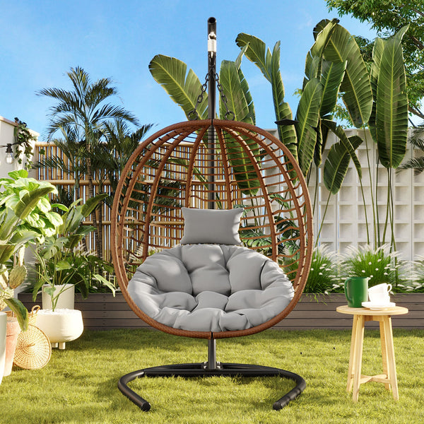 English Elm U_style Wicker Hanging Egg Chair with Stand Foldable Indoor Outdoor Swing Seat Brown+Gray N711P389503G