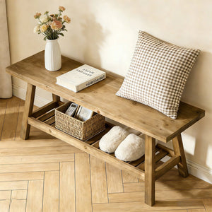 English Elm 43" Farmhouse Cedar Entryway Bench with Lower Shelf Distressed Rustic Wood Seating W3204P453623
