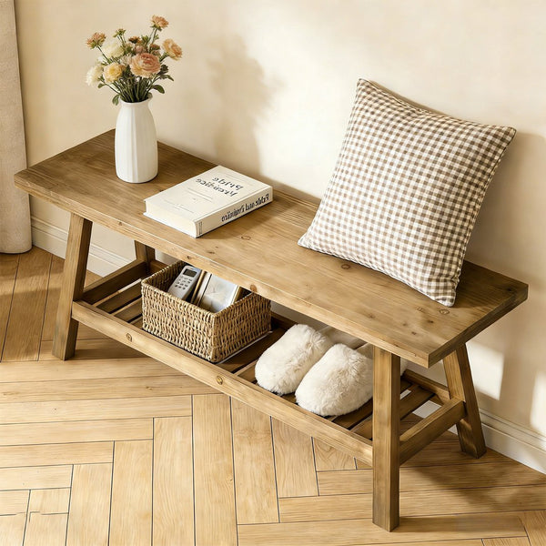 English Elm 43" Farmhouse Cedar Entryway Bench with Lower Shelf Distressed Rustic Wood Seating W3204P453623