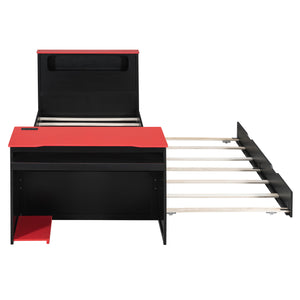 English Elm Twin Wood Gaming Daybed with Trundle Built-in Desk Rgb Lighting and Usb Port Black+Red LT000283AAR