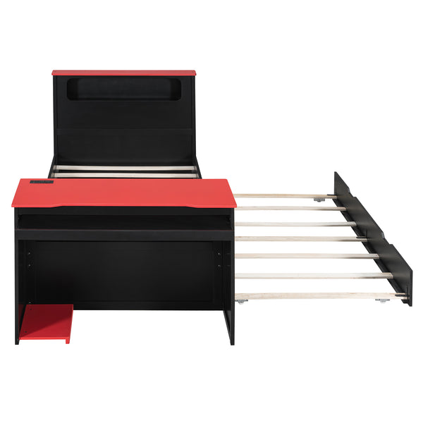 English Elm Twin Wood Gaming Daybed with Trundle Built-in Desk Rgb Lighting and Usb Port Black+Red LT000283AAR