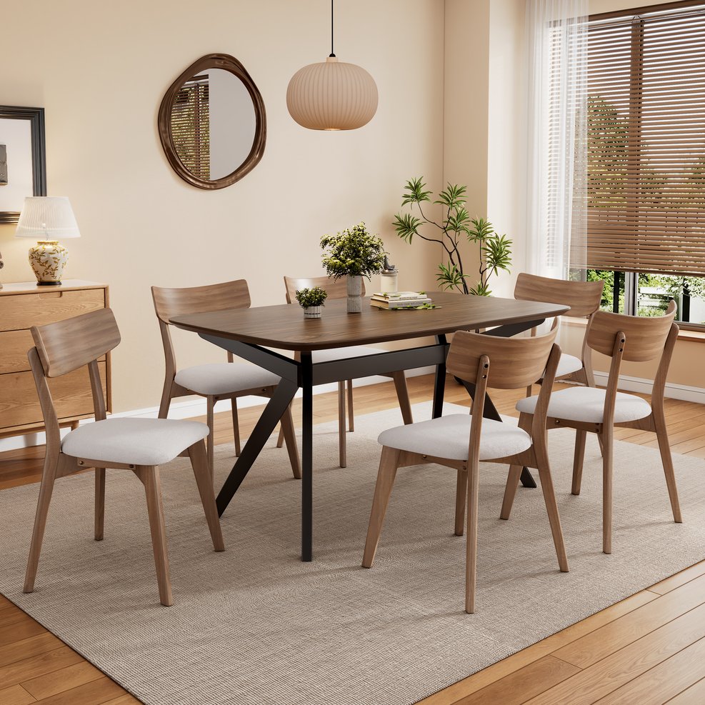 English Elm 5-pieces Mid-century Modern Dining Set Rubberwood Table Four Upholstered Chairs N768P379795L_4_N768P247991W