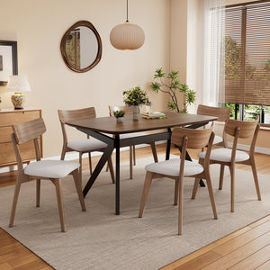 English Elm 7-pieces Mid-century Rubberwood Dining Set Seats Six with Upholstered Beige Chairs N768P379795L_6_N768P247991W