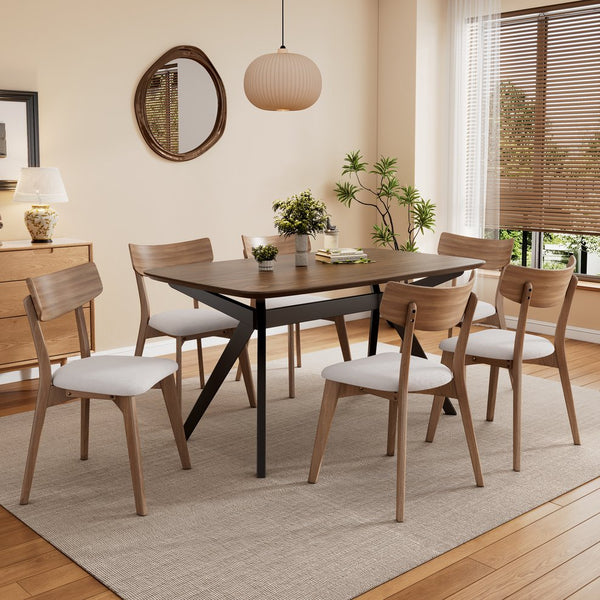 English Elm 7-pieces Mid-century Rubberwood Dining Set Seats Six with Upholstered Beige Chairs N768P379795L_6_N768P247991W
