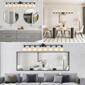 English Elm 52" Modern 8-Light Vanity Mirror Light with Frosted Glass Shades and Iron Frame for Dressing Room Illumination Black,White W1340P206696