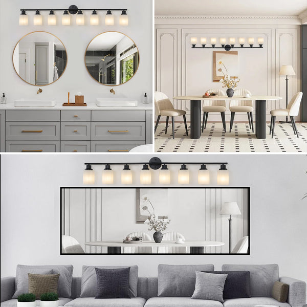 English Elm 52" Modern 8-Light Vanity Mirror Light with Frosted Glass Shades and Iron Frame for Dressing Room Illumination Black,White W1340P206696