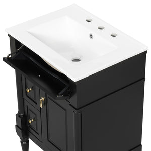 English Elm 24 Inch Freestanding Vanity with Ceramic Sink Rubberwood Frame Matte Finish Storage Black N725P356058B