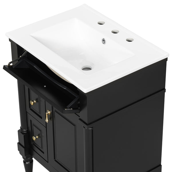 English Elm 24 Inch Freestanding Vanity with Ceramic Sink Rubberwood Frame Matte Finish Storage Black N725P356058B