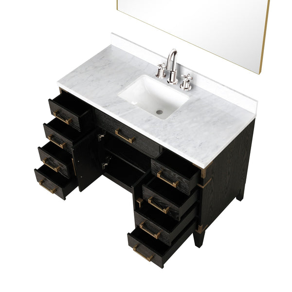 English Elm Black Oak Single Bath Vanity With Carrara Marble Top, Faucet Set & Mirror - Modern Elegance For Your Bathroom B2731S02222