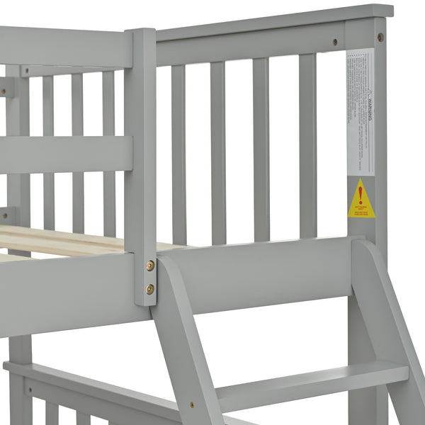 English Elm Twin Solid Pine Over Full Bunk Bed Gray with Ladder, Full-Length Guardrail, Sturdy Frame, Safe Design W495S00011