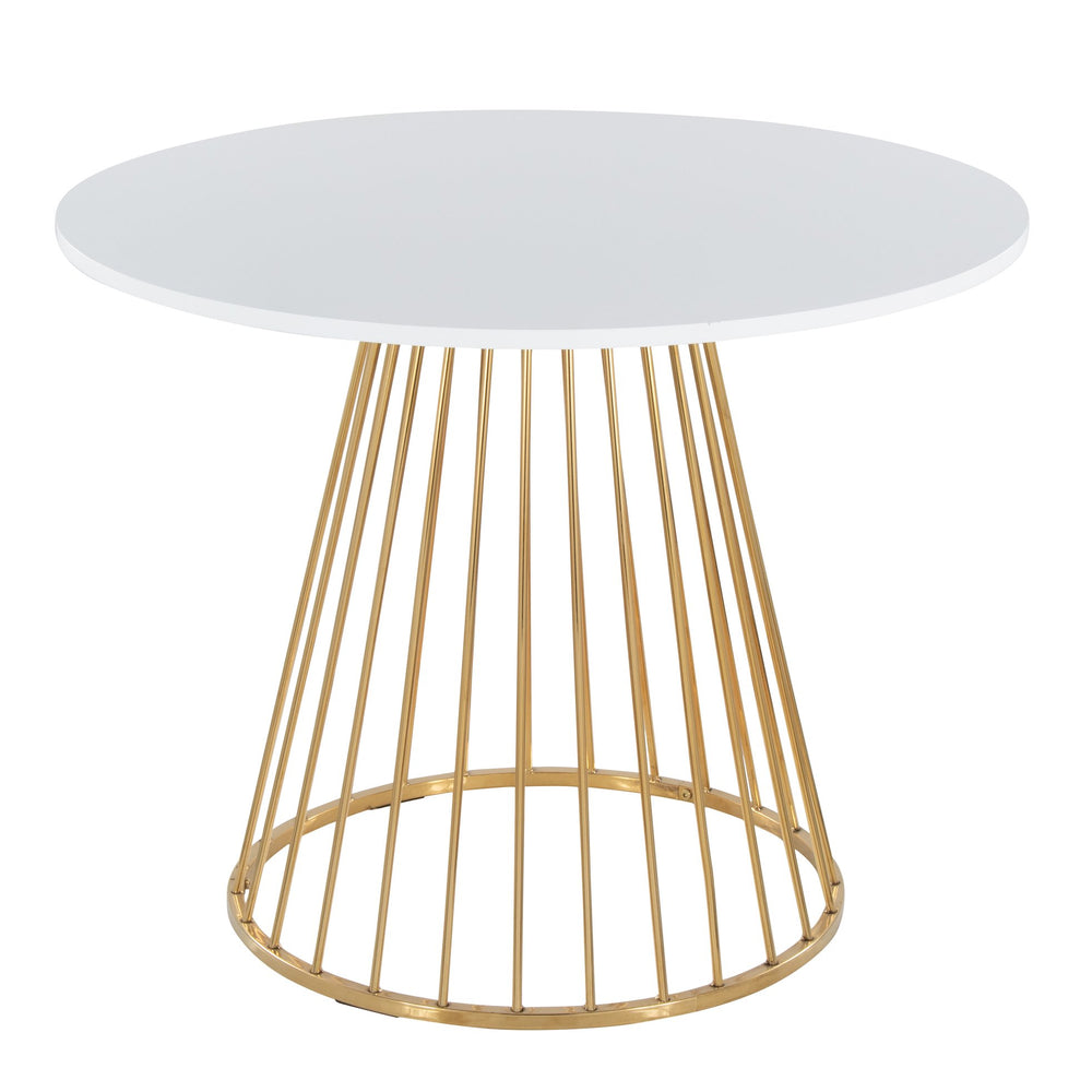 English Elm Contemporary Round Dining Table with Gold Cage Base and White Lacquered Mdf Top B202S01103